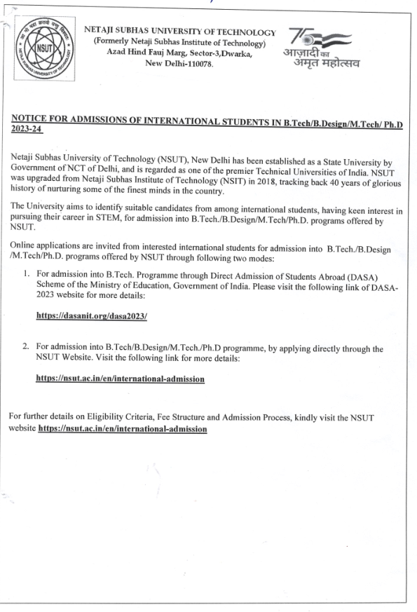 Notice for admission of International students in B.Tech/ B.Design/ M.Tech/Ph.d. 2023-24 