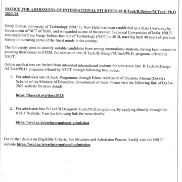 Notice for admission of International students in B.Tech/ B.Design/ M.Tech/Ph.d. 2023-24 